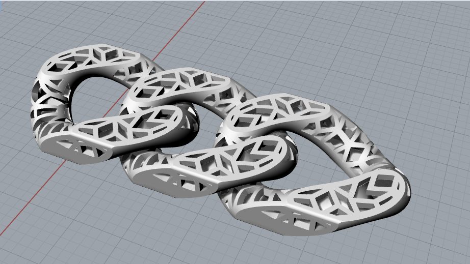 3D CADの画面。チェーンの3Dデータが立体で表示されている